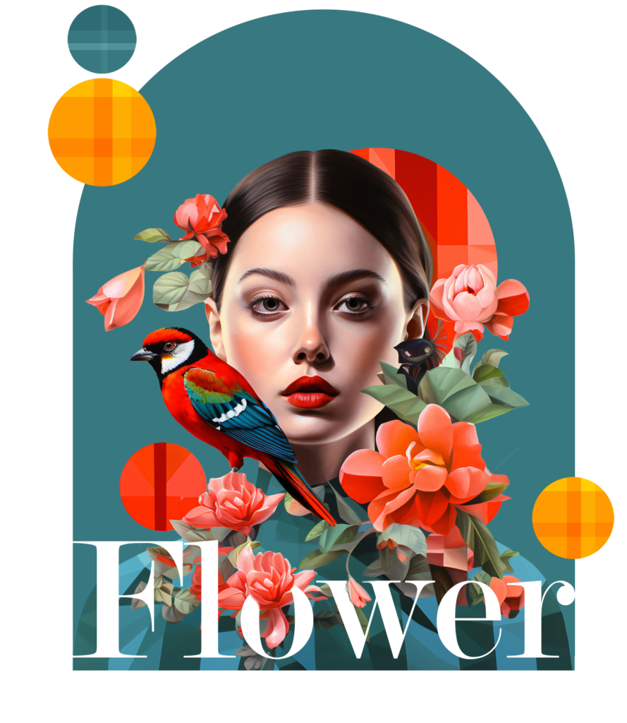 poster design is a mix of a woman's face with flowers designed by Weditt.com
